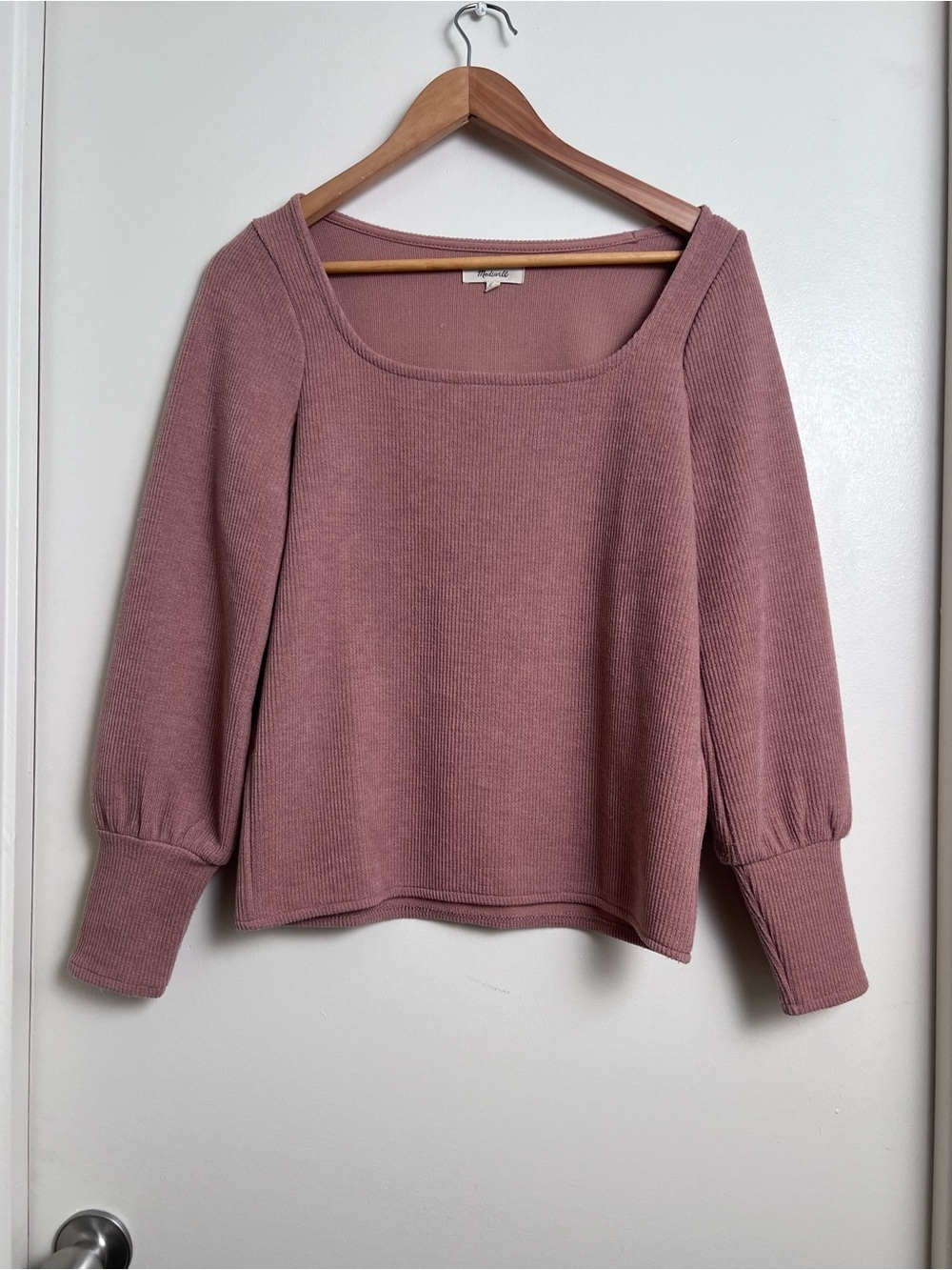 Madewell S Dusty Rose Square Neck Balloon Sleeve Ribbed Knit Top